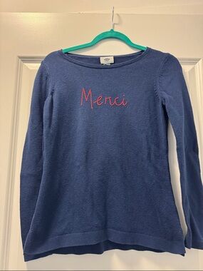 Old Navy Blue Sweater with Red "Merci" Embroidery